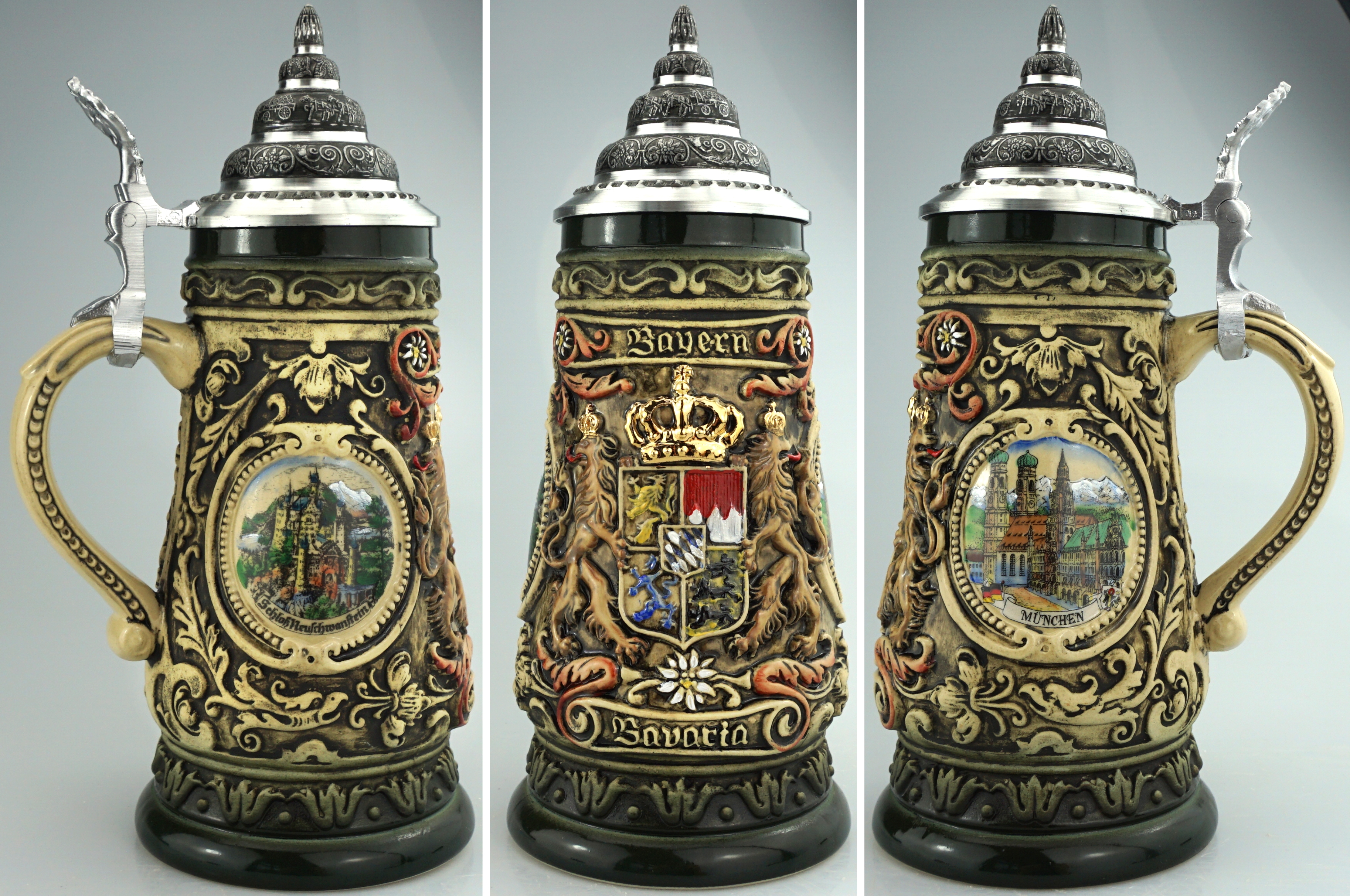 Bayern Krug 0,4 Liter, Rustika handbemalt, Seitenmotive Neuschwanstein bzw Oberammergaumit Zinndeckel