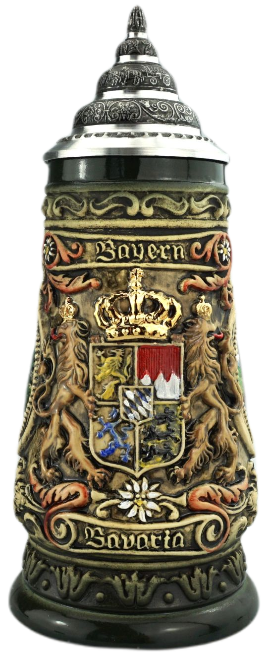 Bayern Krug 0,4 Liter, Rustika handbemalt, Seitenmotive Neuschwanstein bzw Oberammergaumit Zinndeckel